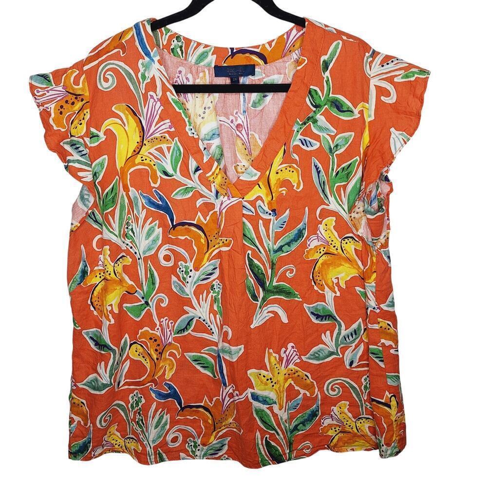 Rachel Rachel Roy Linen Floral Top 2X Popover Tiger Lily Flutter Sleeve V-neck